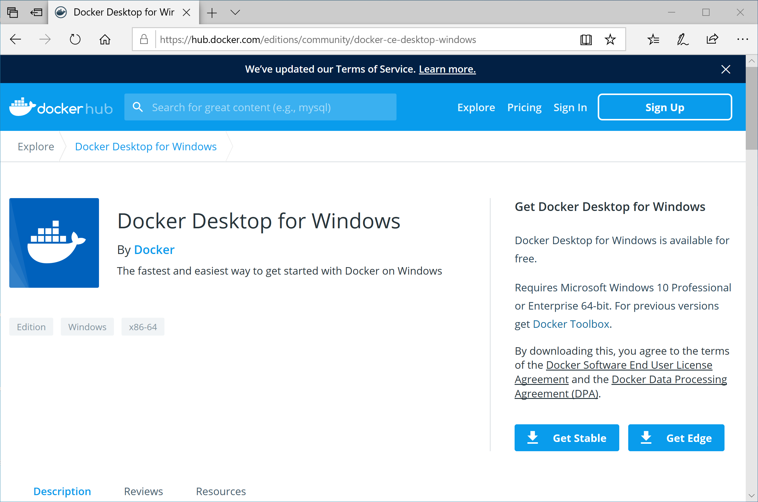 Docker Desktop for Windows page
