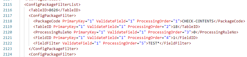 Configuration package Customers FIeldFIlter XML value is TEST*